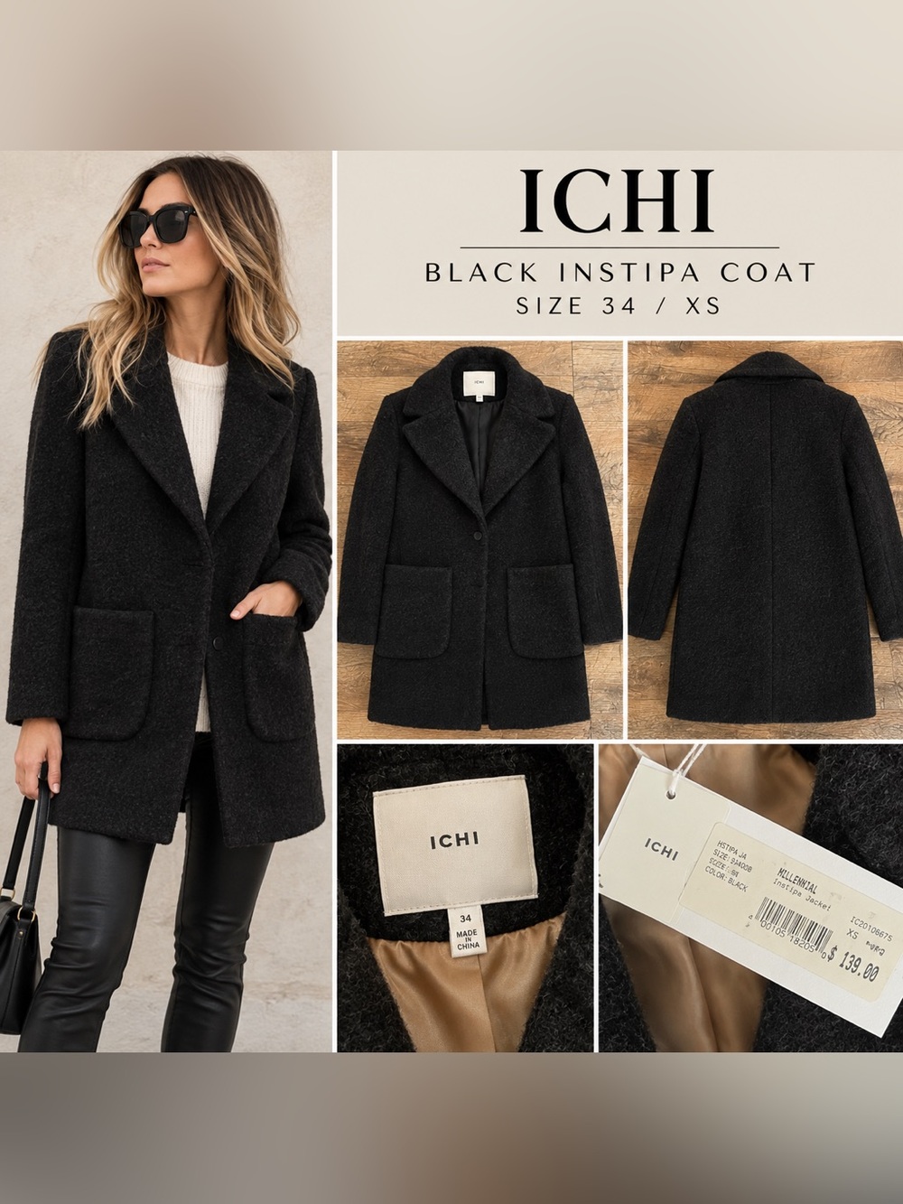 ICHI NWT Instipa Between Seasons Black Fully Lined Jacket Coat Size 34 (XS)